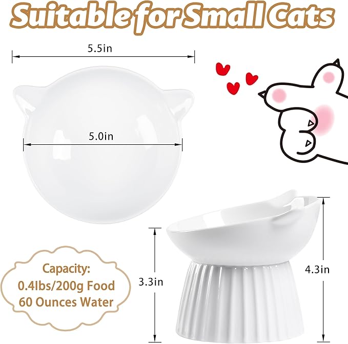 Ceramic Raised Cat Bowl，Tilted Raised Bowl Anti Vomit Bowls for Indoor Cats Whisker Friendly Pet Feeder for Cats Puppies, Microwave and Dishwasher Safe