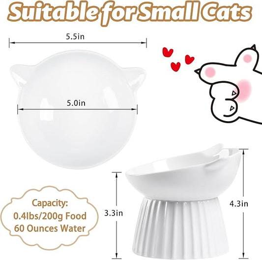 Ceramic Raised Cat Bowl，Tilted Raised Bowl Anti Vomit Bowls for Indoor Cats Whisker Friendly Pet Feeder for Cats Puppies, Microwave and Dishwasher Safe