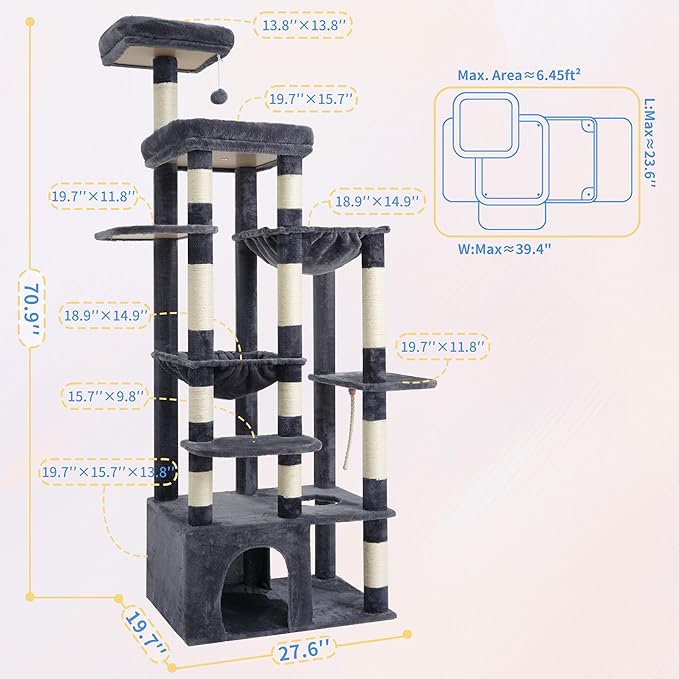 Heybly Heavy Duty Cat Tree, 71-Inch Tall Tower for Large Maine Coon with Extra-Large Baseboard, Cat Condo Furniture with Multi-Level Platforms, 2 Hammocks and 12 Scratching Posts, Smoky Gray HCT037G
