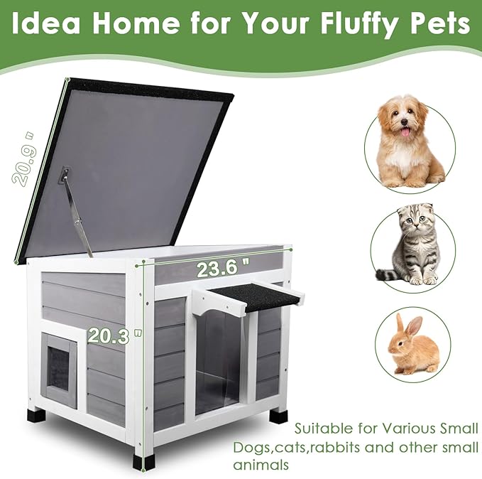 Insulated Cat House Weatherproof Outdoor/Indoor Shelter with Openable Asphalt Roof for Feral Cats & Small Pets