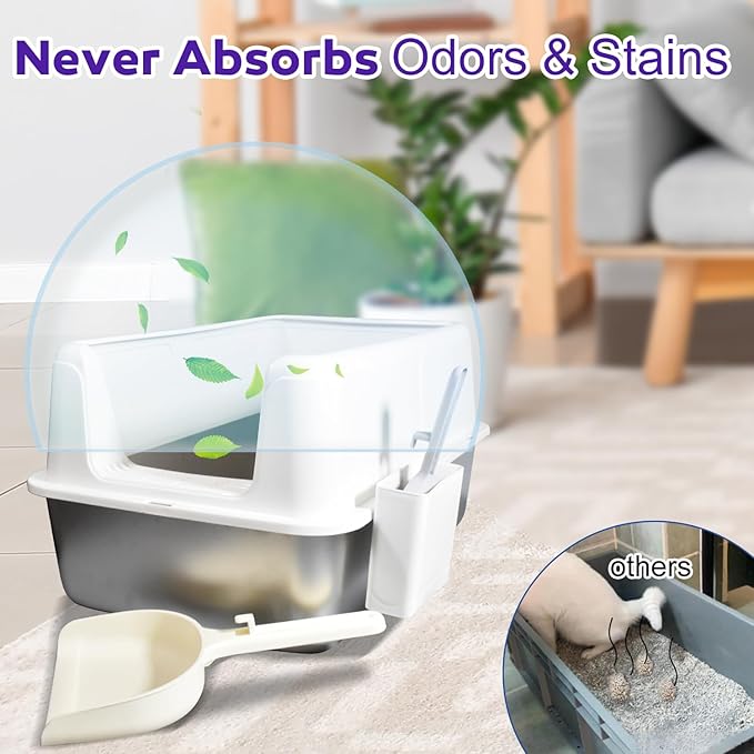Stainless Steel Litter Box with Lid, 24" XL Extra Large High-Sided Metal Cat Litter Box for Multiple Cats,Anti-Leakage & Non-Stick, Easy to Clean, Includes 2 Scoops&Deodorizer Box, White