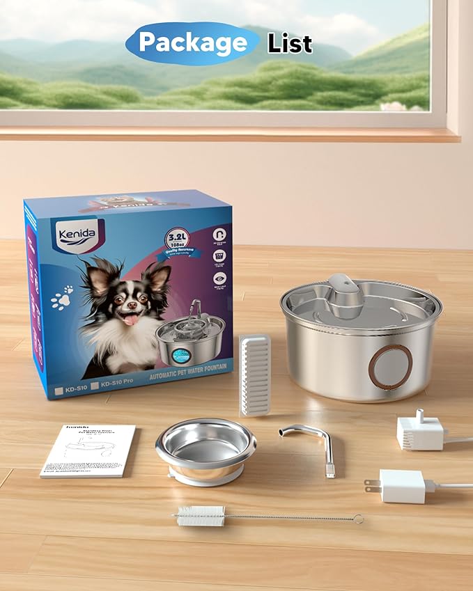 Dog Water Fountain Stainless Steel - 3.2L/108oz Dog Fountain and Removeable Suction Dog Bowls, Kitty Fountain with Multi-Filter, Water Level Window, Pet Fountain for Cats and Dogs