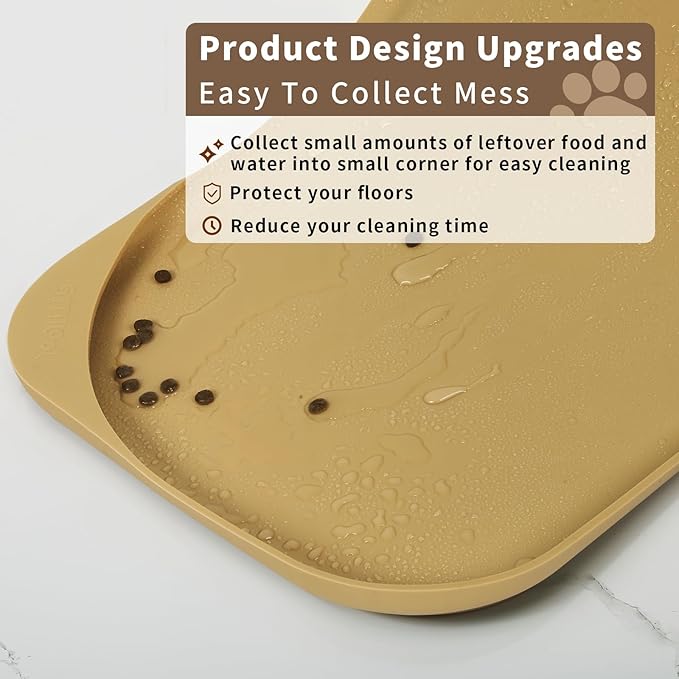 Silicone Pet Feeding Mat with Raised Edge & Residue Collection Pocket for Food and Water, Dog Bowl Mats, Cat Bowls Placemat with High Lip for Floor Waterproof, 22 x 14 x 0.8 Beige