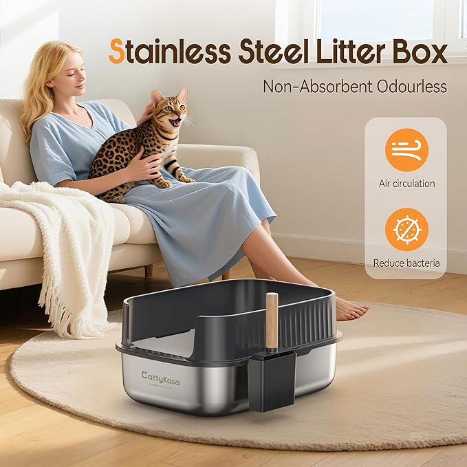 Stainless Steel Large Cat Litter Box, 23.6''×16.9''×10.6'' XXL Cat Litter Box with High Sides,Easy to Clean，Non-Sticky，Leak and Splash Proof(Gray)，with Cat Litter Scoop.
