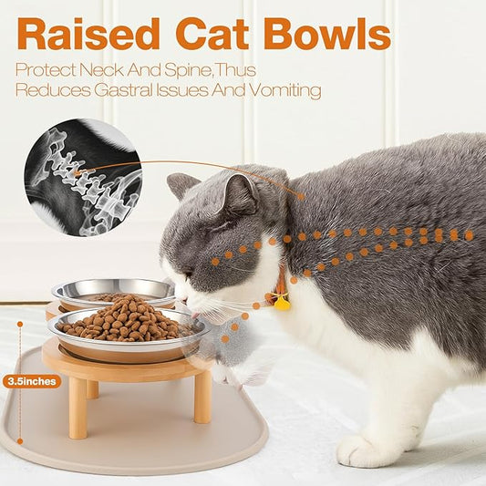Elevated Cat Bowls with Food Mat,6.3 Inches Shallow Raised Bowls Whisker Friendly,2 Stainless Steel Cat Food and Water Dishes for Cats and Puppies,Dishwasher Safe