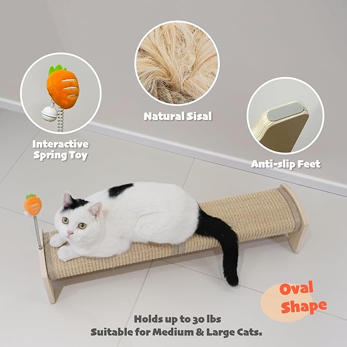 PETKARAY Horizontal Scratching Post, 30" Sisal Cat Scratch Pad, Large Floor Mounted Cat Scratcher with Spring Toy, Protect Furniture for Indoor Kitten