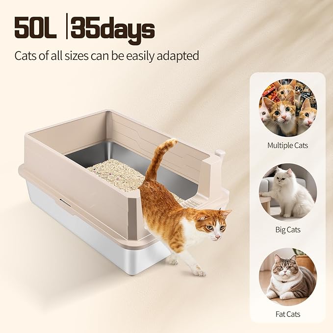 Stainless Steel Litter Box, XXXL 27.6" H x 19.7" W x 11.8" H Extra Large Metal High Sided Cat Litter Box with Scoop, Leak-Proof, Easy Clean for Big Cats/Multiple Cats (Khaki)