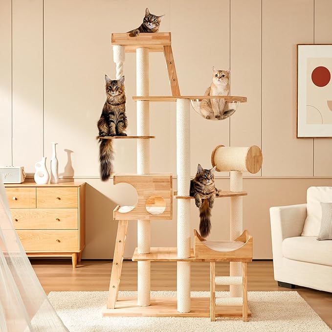 Heavy Duty Cat Trees for Large Cats,Sturdy 74.8'' Tall Maine Coon Cat Tower with Transparent Bowl,Ladder,Luxury Cat Condo with Scratching Posts,Bed with Removable Mat for Multi-Cat Families