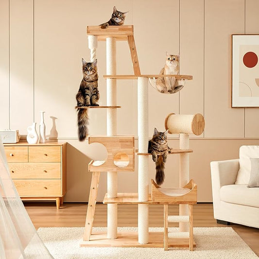 Heavy Duty Cat Trees for Large Cats,Sturdy 74.8'' Tall Maine Coon Cat Tower with Transparent Bowl,Ladder,Luxury Cat Condo with Scratching Posts,Bed with Removable Mat for Multi-Cat Families