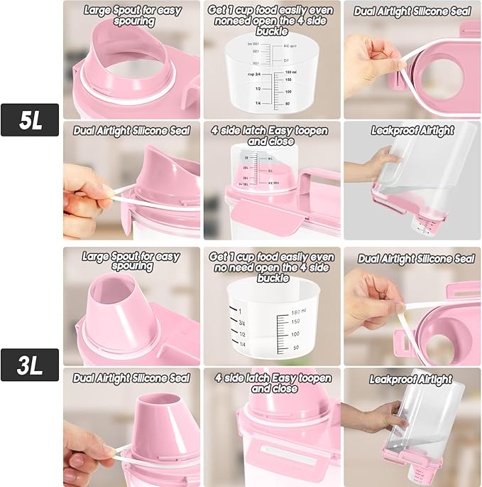 Dog Food Storage Container, Upgraded Large Nozzle BPA-free, 8-12 LBS Plastic Pet Food Storage Containers, With 4 Sealed Clasps, 1 Measuring Cup and Handle (2, Light Pink (3L+5L), (3L+5L))
