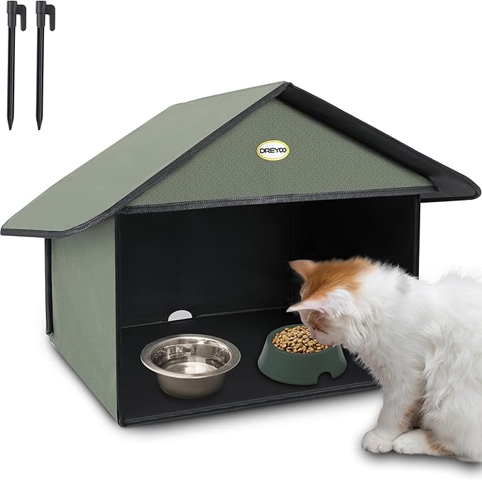 Dreyoo Cat Houses & Condos Outdoor Cat Feeding Station for Food & Water, Weatherproof Outdoor Kitty Dining Room Cats Shelter for Stray, Feral and Community Cats, 13”d x 17”w x 15.5'h(Dark Green)