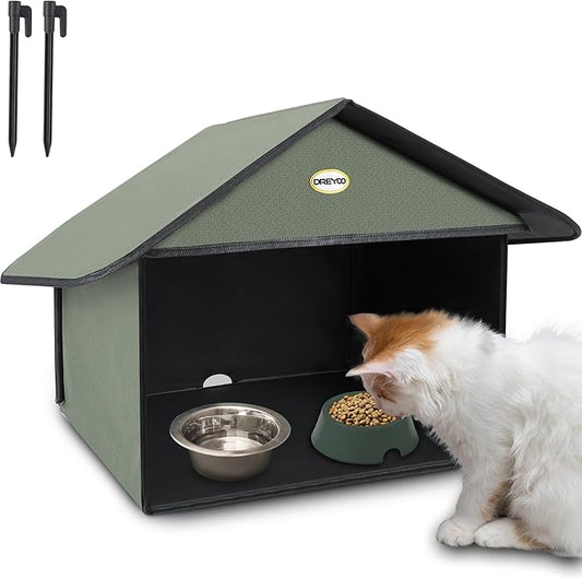 Dreyoo Cat Houses & Condos Outdoor Cat Feeding Station for Food & Water, Weatherproof Outdoor Kitty Dining Room Cats Shelter for Stray, Feral and Community Cats, 13”d x 17”w x 15.5'h(Dark Green)