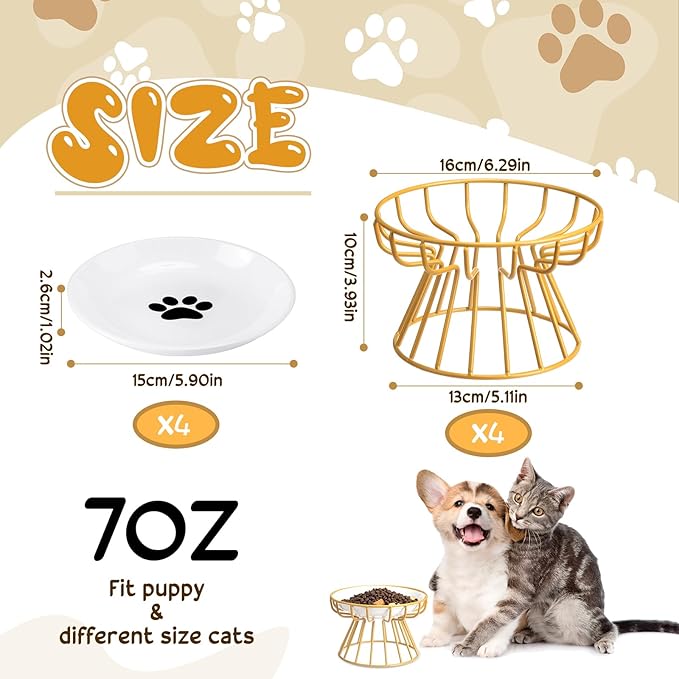 Roshtia 4 Sets Elevated Cat Bowls Ceramic Raised Cat Food Bowls with Metal Stand Dishwasher Safe Dishes Non Slip Elevated Food Plate(Gold,Paw)