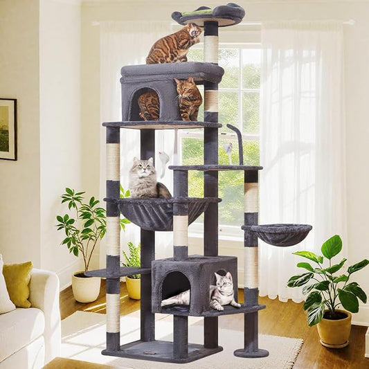 Taoqimiao MS032G 83In Cat Tree for Indoor Cats Large Adult, XXL-Cat Tower, Suitable 20lb+ Heavy Duty Large Cats, 2 Luxurious Cat Cando with 8 Scratching Posts,Oversized Metal Hammocks,Smoke Gray