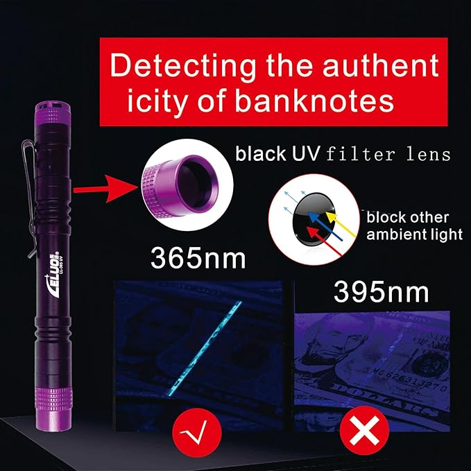 365nm UV Flashlight, Portable Black Light LED Flashlight, Mini Black Light for Pet Urine Detection, Handheld UV Flashlight for Resin Pet Urine Nails Money Pack of 2