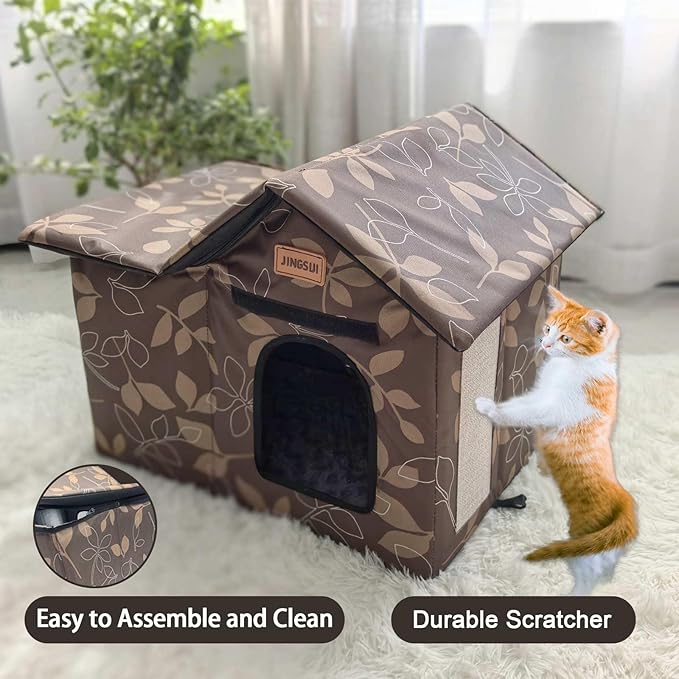 Indoor and Outdoor Cat House - Large Cat Hole, Insulated and Weatherproof Resistant Outdoor Wildcat House ，Foldable Cat Hideaway，19.5x17.5x13.5 inches, Brown