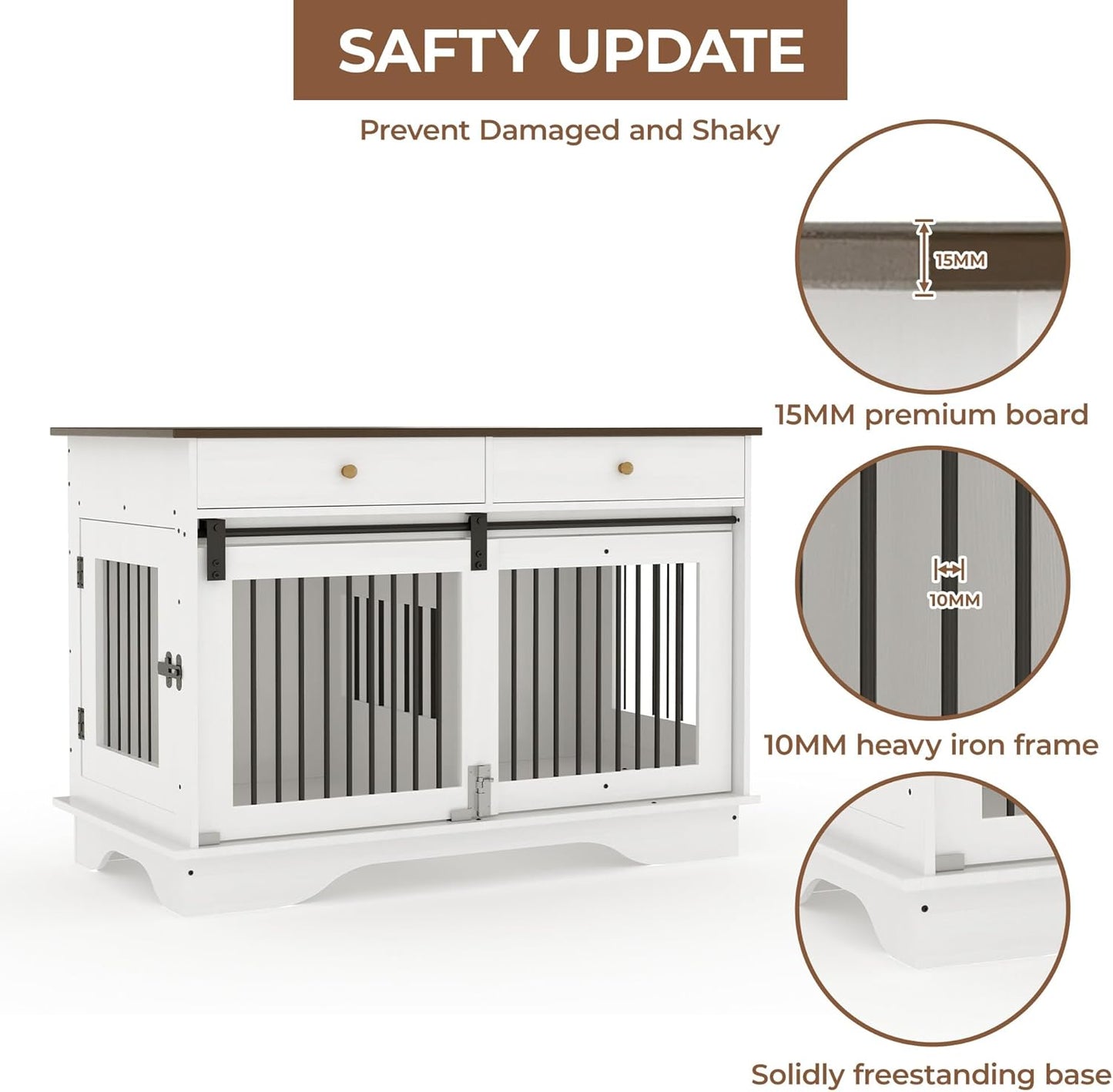 Dog Furniture Crate, 47" Large Dog Crate Furniture w/ 2 Storage Draws & Removable Divider for Large/Medium/Small Dogs (White, Double Cage)