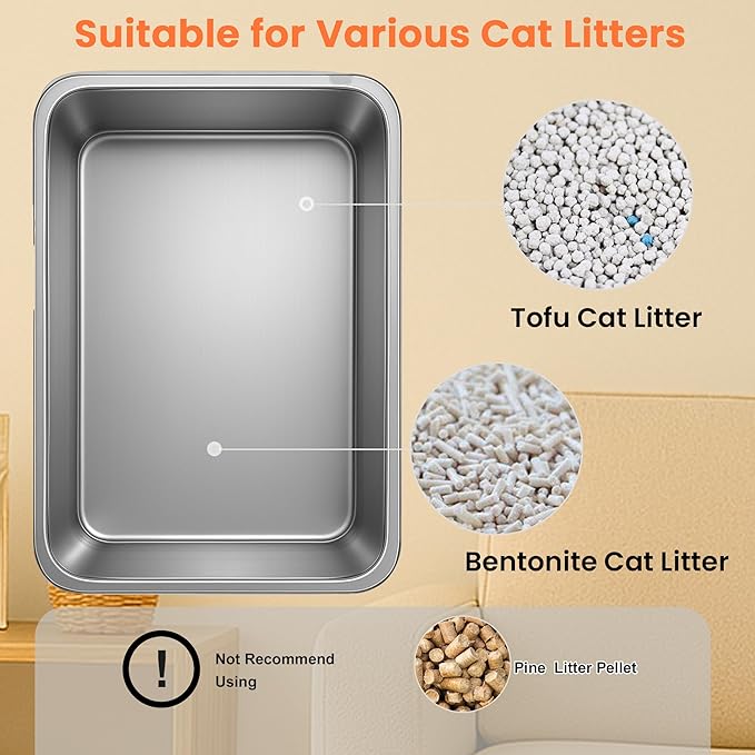 23.6" x 15.7" x 5.7" TIUUBT Stainless Steel Litter Box for Pan, Cat Litter Box, High Side for Big Cats, Anti-Leakage, Odor Control