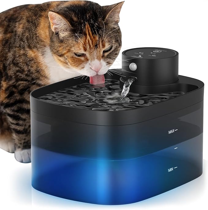 Battery Operated Cat Water Fountain, 84OZ/2.5L Wireless Pet Water Fountain for Cats Indoor, Cat Fountain with Motion Sensor, Ultra Quiet Pump, Black (Black)