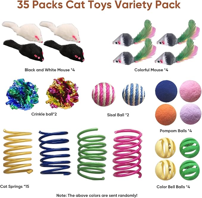 AGYM Cat Toys for Indoor Cats, 35 Packs Interactive Cat Toys Set with Colorful Springs, Mouse Cat Toy, Crinkle, Sisal, Pompom and Color Bells Balls for Kittens
