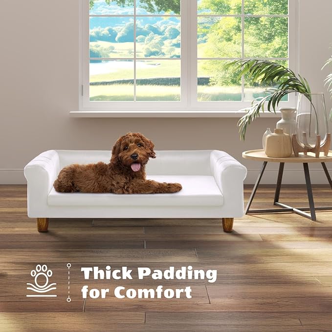 Critter Sitters 42-In. Elegant Cream Faux-Velvet Rectangular Dog Sofa for Medium and Large Dogs, Durable Elevated Dog Sofa Bed, Comfortable Dog Couch, Modern and Stylish Dog Sofa for Large Dogs