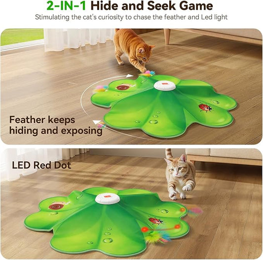 Rechargeable Cat Toys, 2 in 1 Hide and Seek Game Interactive Cat Toy, Movable LED Red Dot, Moving Concealed Feathers, Durable Exercise Toys for Indoor Cats, Bored Adult Cats Wand Toy