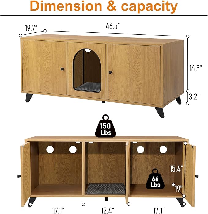 Cat Litter Box Enclosure for 2 Cats, Modern Hidden Litter Box Furniture with Double Room, Large Cat House Washroom Cabinet with Scratch Pad, 46.5" x 19.7" x 19.7" (Natural Oak)