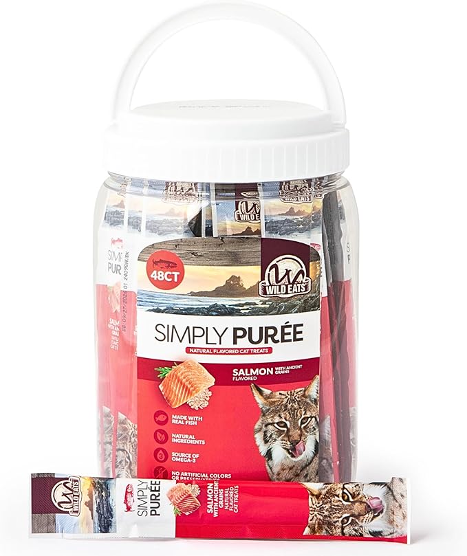 Simply Puree Salmon with Ancient Grains Tub for Cats | 48 Individual Servings | High-Protein, Grain-Enriched Cat Treat | All-Natural, No Artificial Additives | Smooth and Delicious Puree