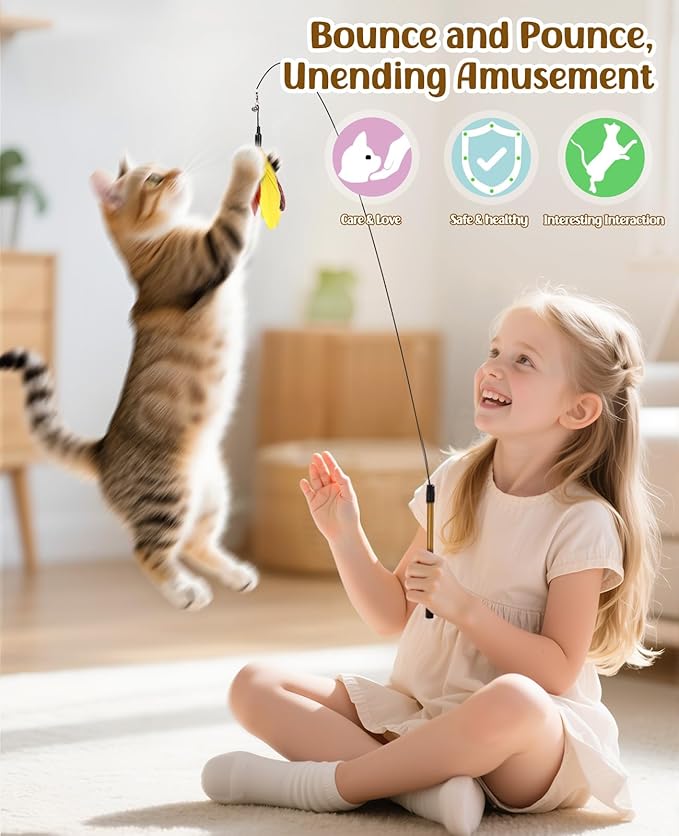Pawaboo Feather Teaser Cat Toy, Interactive Feather Wand Cats Toy Flying Feathers Cat Catcher with Extra Long 34.5" Wand and Small Bell, Exerciser Playing Toys for Kitten or Cats, Yellow + Red Brown