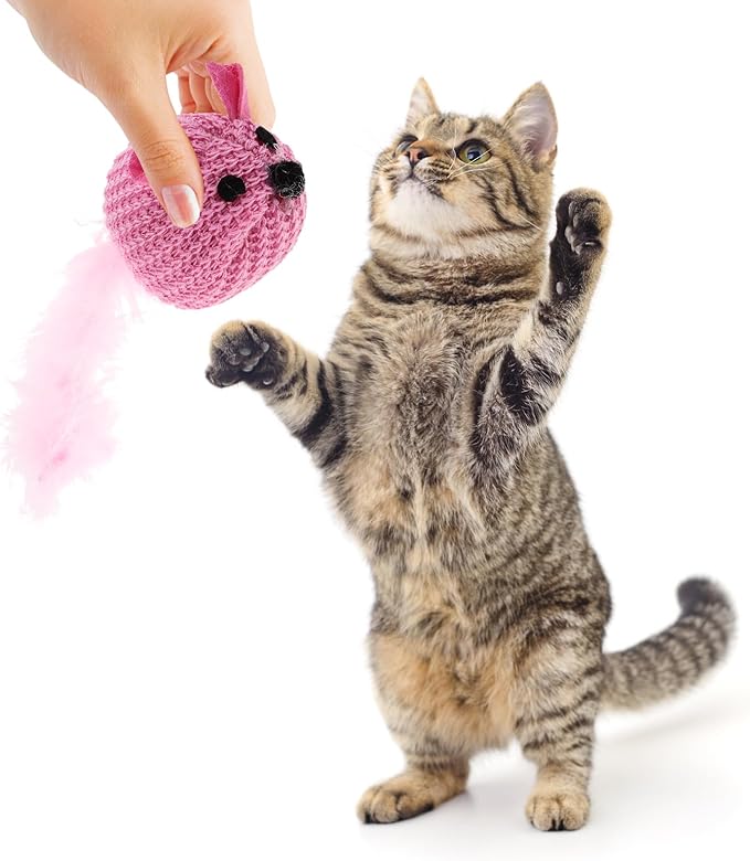 LOGOFUN Cat Toy Knitted Mouse Kitten Toy with Feather Plush Mouse Shaped Pet Interactive Accessory for Indoor Home Animal Supplies - Pink