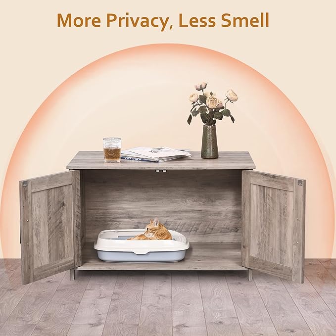 Homhedy Cat Litter Box Enclosure, Wooden Cat Washroom Furniture with Barn Door, Pet House, Fit Most of Litter Box, Greige