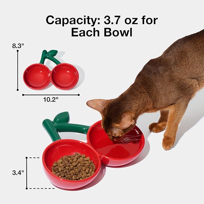 VETRESKA Ceramic Pet Bowl Tilted Design Pet Feeder for Food and Water Anti Vomit Cat Bowls for Indoor Cats Cute Cherry Cat Bowl Dishwasher Safe