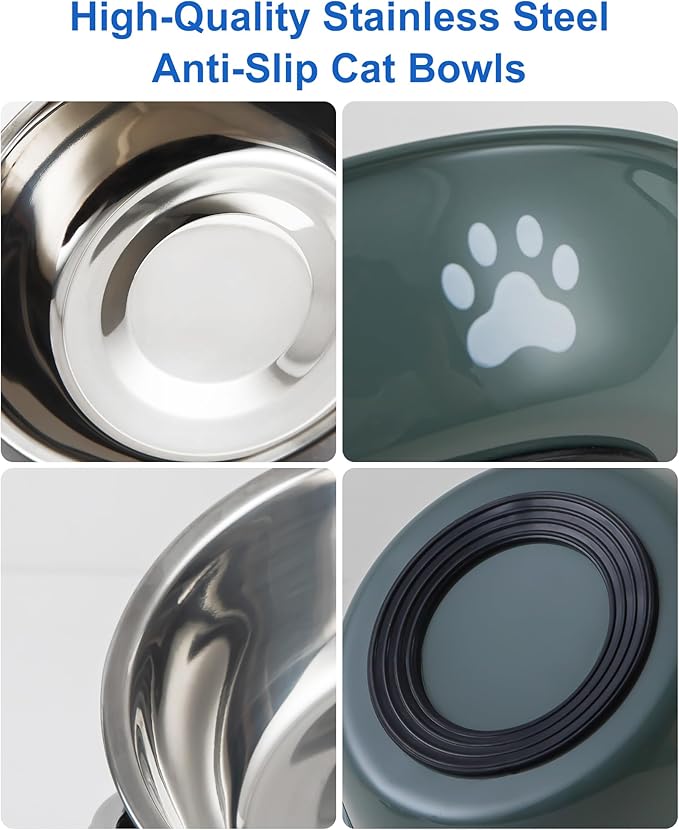 6 PCS Stainless Steel Cat Bowls, Non-Slip Stainless Cat Food Bowl Metal Cats Dishes Whisker Fatigue Kitten Plates Shallow Wide Kitten Bowls, 5.5” Whisker Friendly Feline Food Dish (Green 6 PCS)
