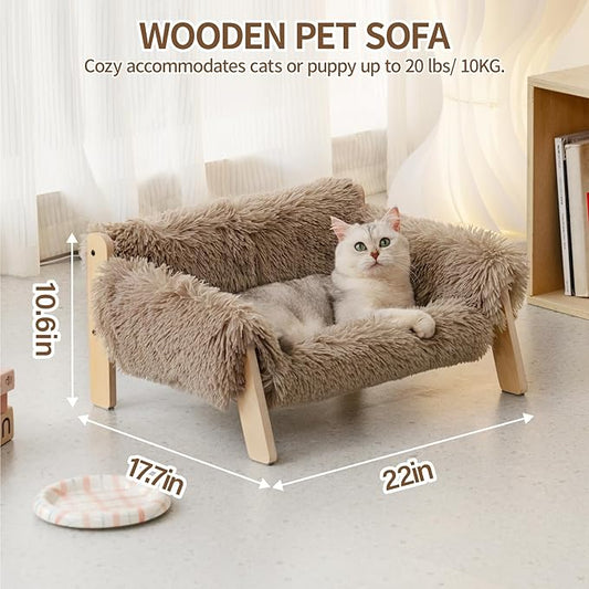 MEWOOFUN Cat Couch Bed, Pet Sofa for Indoor Cats Wooden Indoor Elevated Cat Beds with Removable Mattress Cover Suitable for Kitty, Puppy or Small Animal (Brown, Medium)