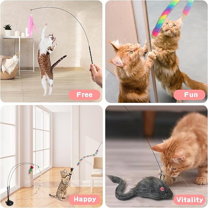 4-in-1 Interactive Cat Toy for Indoor Cats – Retractable Cat Wand, 2-Pole Suction Cup, Catnip Pillow, 14+ Accessories – Self-Play & Interactive Cat Feather Toys with Safe Durable Materials