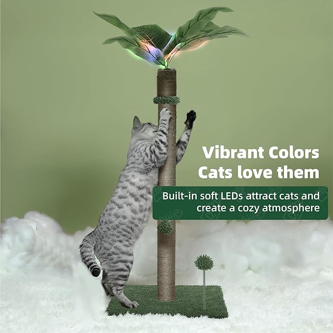 34" LED Cat Scratching Post, Attracts Cats with LED Light, Cat Furniture, Stable Base, Hanging Toy Balls for Large Cats and Kittens, 4 LED Light Settings, Green