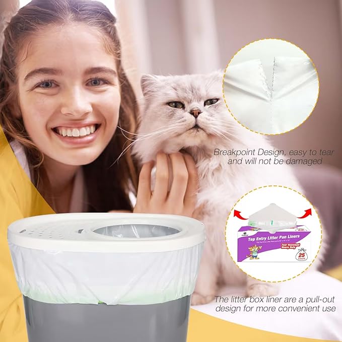Cat Litter Box Liners Compatible with Top Entry Litter Pans Model, Heavy Duty Tear Resistant Large Litter Pan Liners 50 Count Drawstring Litter Liner Bags