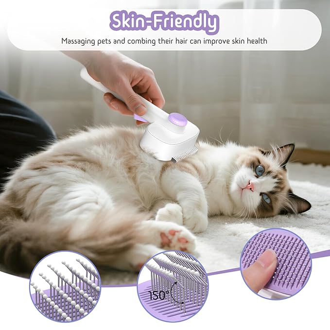 Self Cleaning Slicker Brush, 2-in-1 Cat Brush for Shedding, Skin Friendly Grooming Tool for Long & Medium-Long Hair Pets, Adjustable Bristle Length with Dematting Comb for Cats, Dogs (Purple)