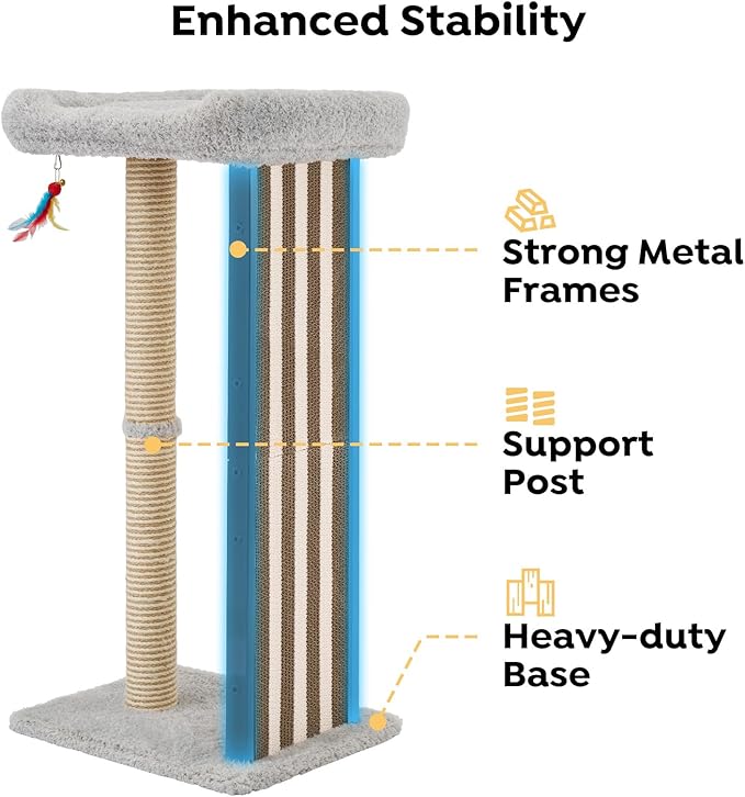 Veehoo 35" Tall Cat Scratching Post for Indoor Cats Adult, Sturdy Cat Scratch Pad with Replaceable Metal Frame Scratching Board, Large Scratch Post with Plush Top Bed