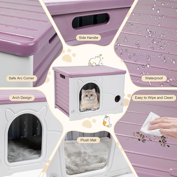 Plastic Cat House for Indoor Outdoor, Weatherproof Outside Cat House for Feral Cat, Stackable Cat Shelter with Plush Cushion (Pink)
