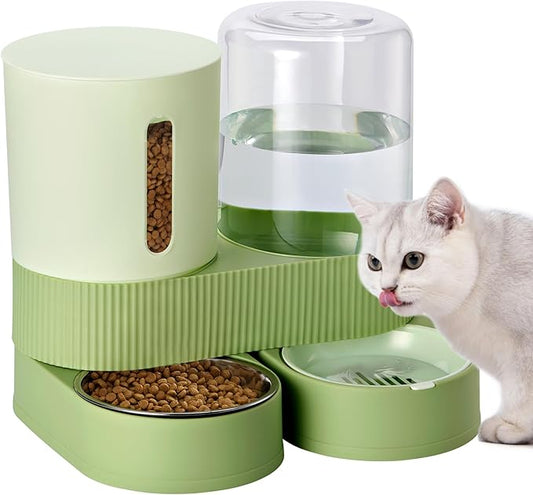 Automatic Dog Cat Water Dispenser Gravity Feeder and Water Dispenser Stainless Steel 2-in-1 Set Large Capacity Dispenser for Pets Dogs, Puppies, Kittens（Green）