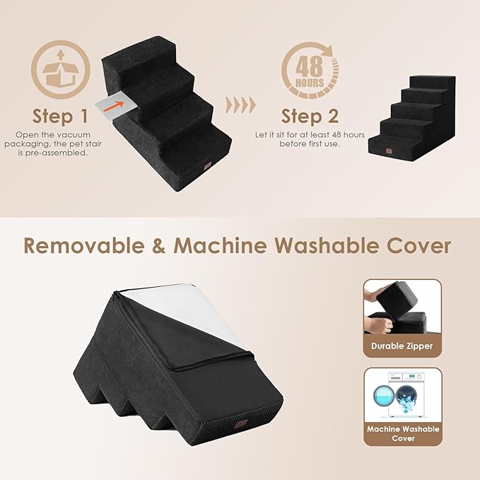 EHEYCIGA Dog Stairs for High Bed 22.5" H, 5-Step Dog Steps for Bed, Pet Steps for Small Dogs and Cats, Non-Slip Balanced Pet Ramp Indoor, Black