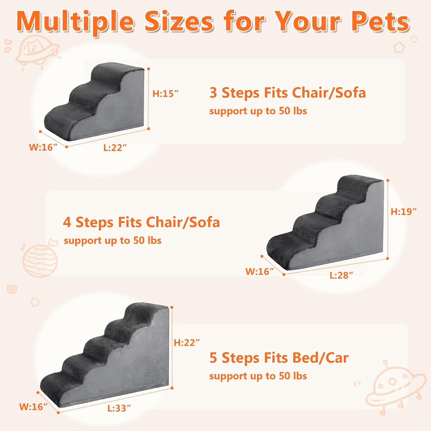 MIHIKK Dog Stairs Ramp, Curved 3-Step Dog Steps for Small Dogs and Cats, Pet Stairs for High Beds and Couch with Anti-Slip Washable Cover and Durable High Density Foam, Dark Grey