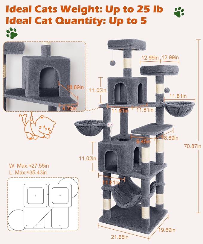 AMHANCIBLE Cat Tree, 70 Inch Tall for Indoor Adult Cats, Large Multi-Level Tower with Scratching Post, Hammock, Condos, Hanging Basket, Activity Center to Play and Sleep, Grey, PT18GY