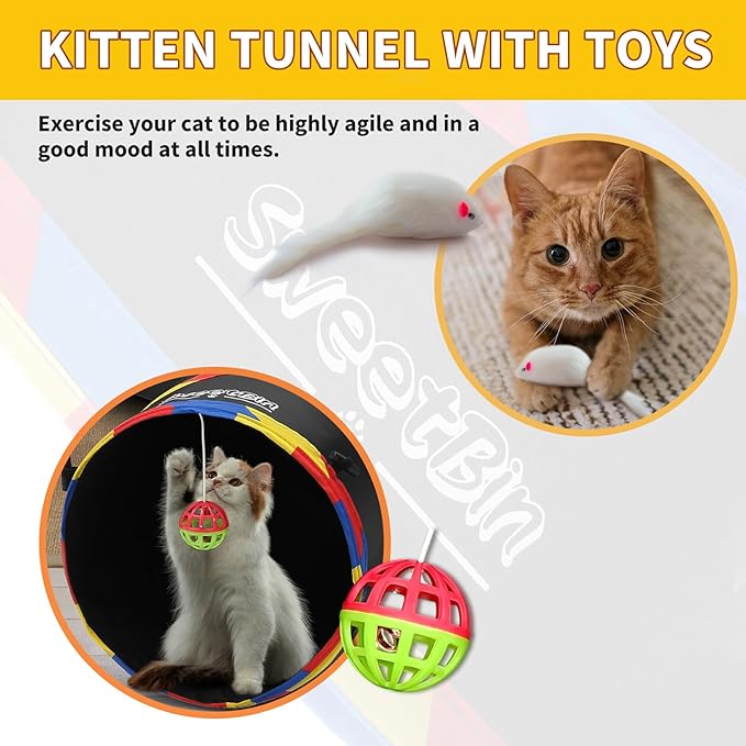 4 Way Large Cat Tunnels for Indoor Cats - 10" Diameter & 47" Long Play Tunnel Toy - Cat Tube with Play Ball & Mouse Toy - Interactive Peephole (Black)