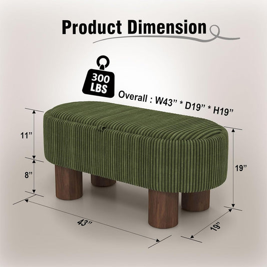 Bench with Storage 43 inch, Upholstered Corduroy Farbic Green Oval Footrest with Hidden Storage, Stool Modern Design Legs for Bedroom, Living Room, and Entryway Furniture Ottoman