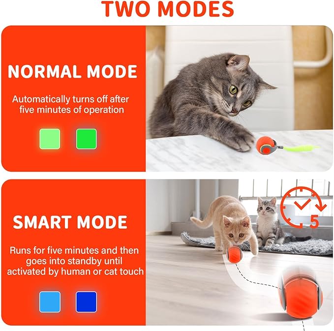 Interactive Cat Ball Toy with Feather, Smart Ball for Indoor Cats, Motion Activated Automatic Cat Toys, USB Rechargeable Toys, Orange