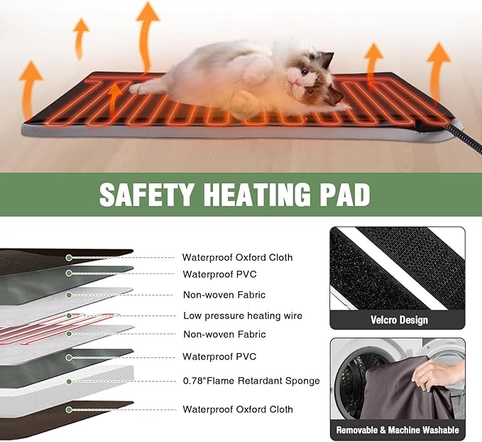 Outdoor Heated Cat House with Insulated Liner, Feral Cat Shelter for Cold Weather Protection, Kitty Home with Waterproof Roof, Raised Leg and Large Porch