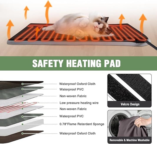 Outdoor Heated Cat House with Insulated Liner, Feral Cat Shelter for Cold Weather Protection, Kitty Home with Waterproof Roof, Raised Leg and Large Porch