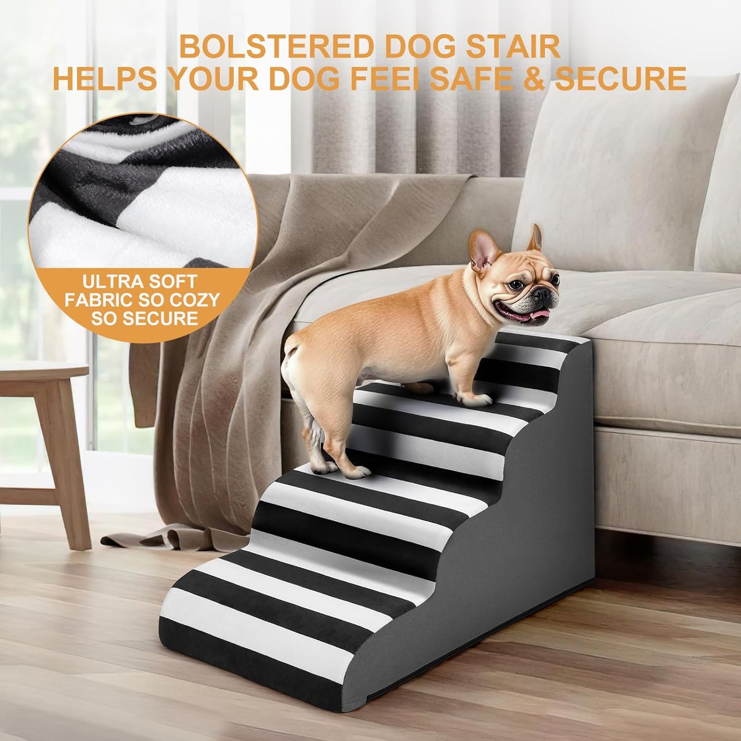 JOEJOY Curved Dog Stairs Ramp for Small Dogs 15.5" H, 3-Step Dog Stairs for High Beds and Couch, Pet Steps for Small Dogs and Cats, Non-Slip Balanced Pet Step Indoor